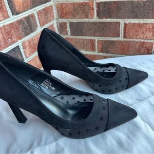 New York & Company Black Pointed Toe Polka Dot Mesh Heels